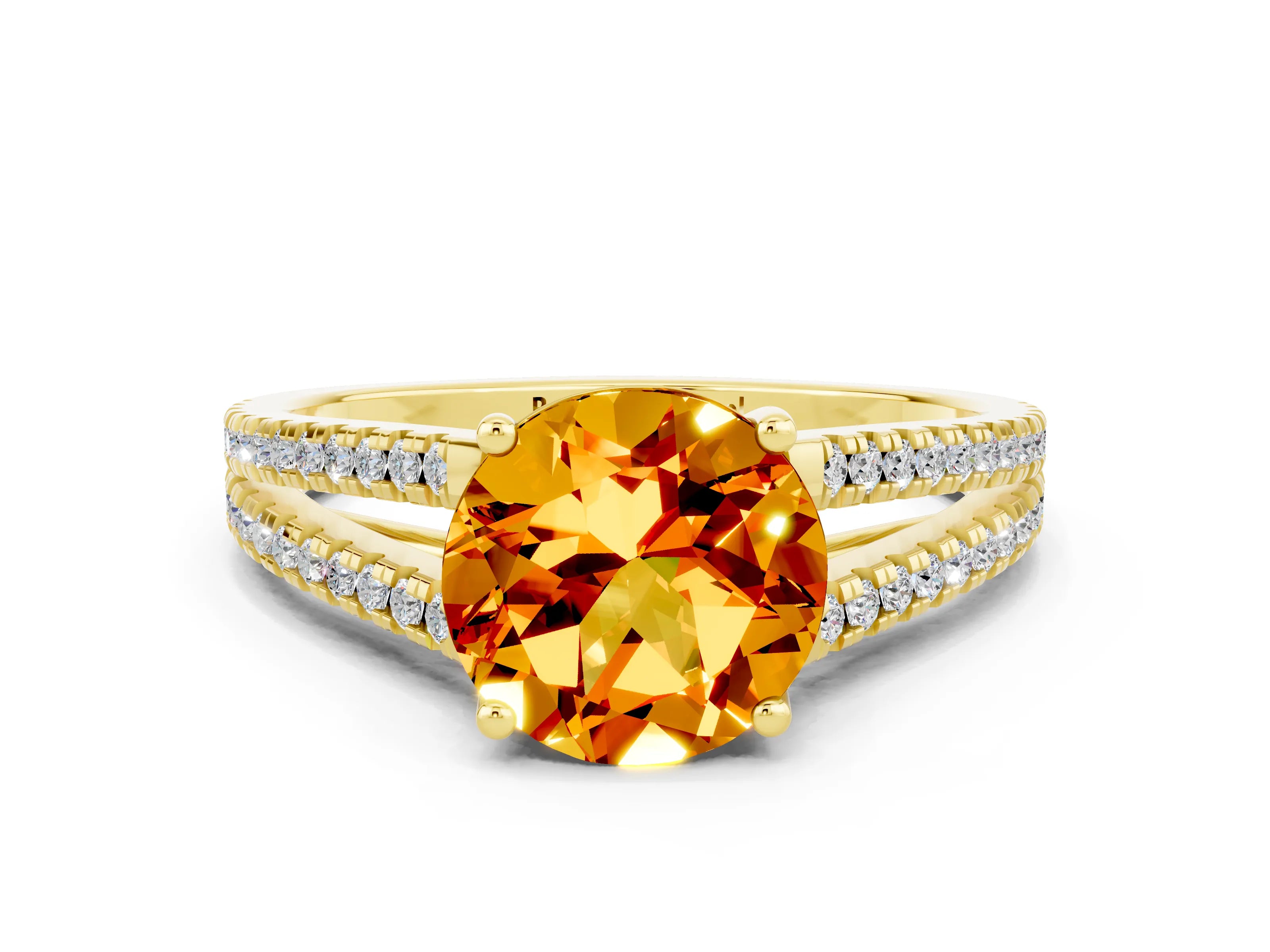 Yellow gold Round Cut Citrine Solitaire Engagement Ring with Split Shank Pavé Band