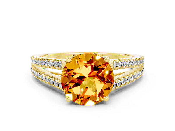 Yellow gold Round Cut Citrine Solitaire Engagement Ring with Split Shank Pavé Band