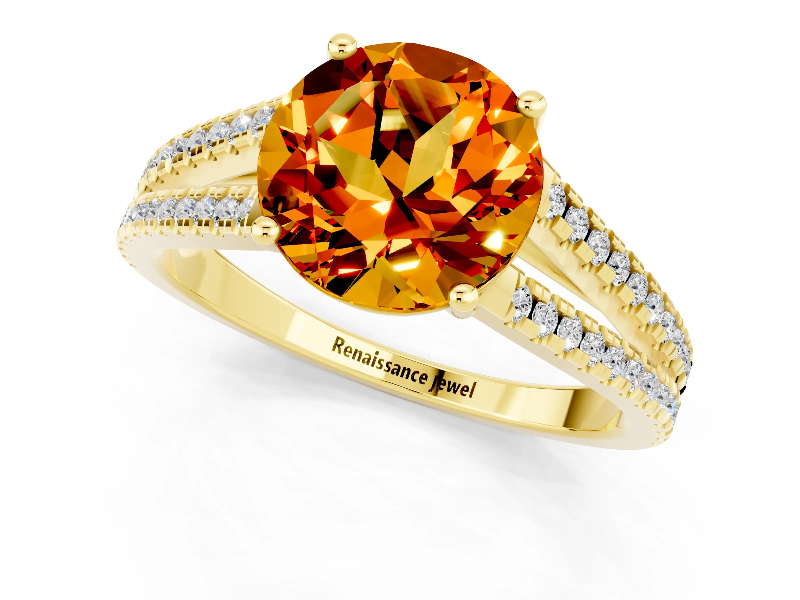 Yellow gold Round Cut Citrine Solitaire Engagement Ring with Split Shank Pavé Band_1