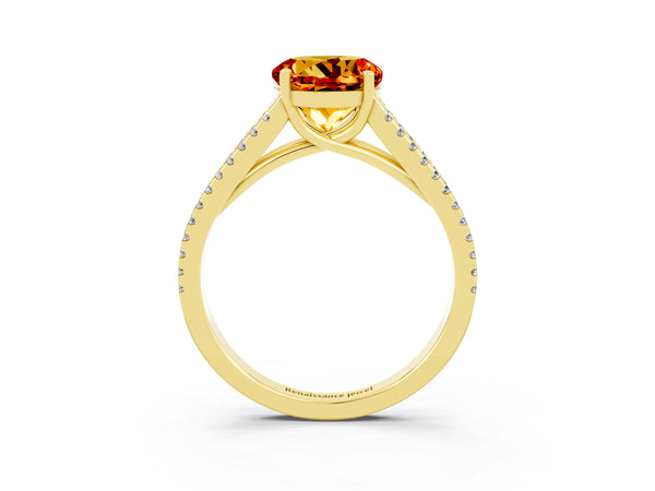 Yellow gold Round Cut Citrine Solitaire Engagement Ring with Split Shank Pavé Band