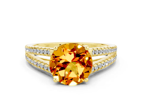 Yellow gold Round Cut Citrine Solitaire Engagement Ring with Split Shank Pavé Band
