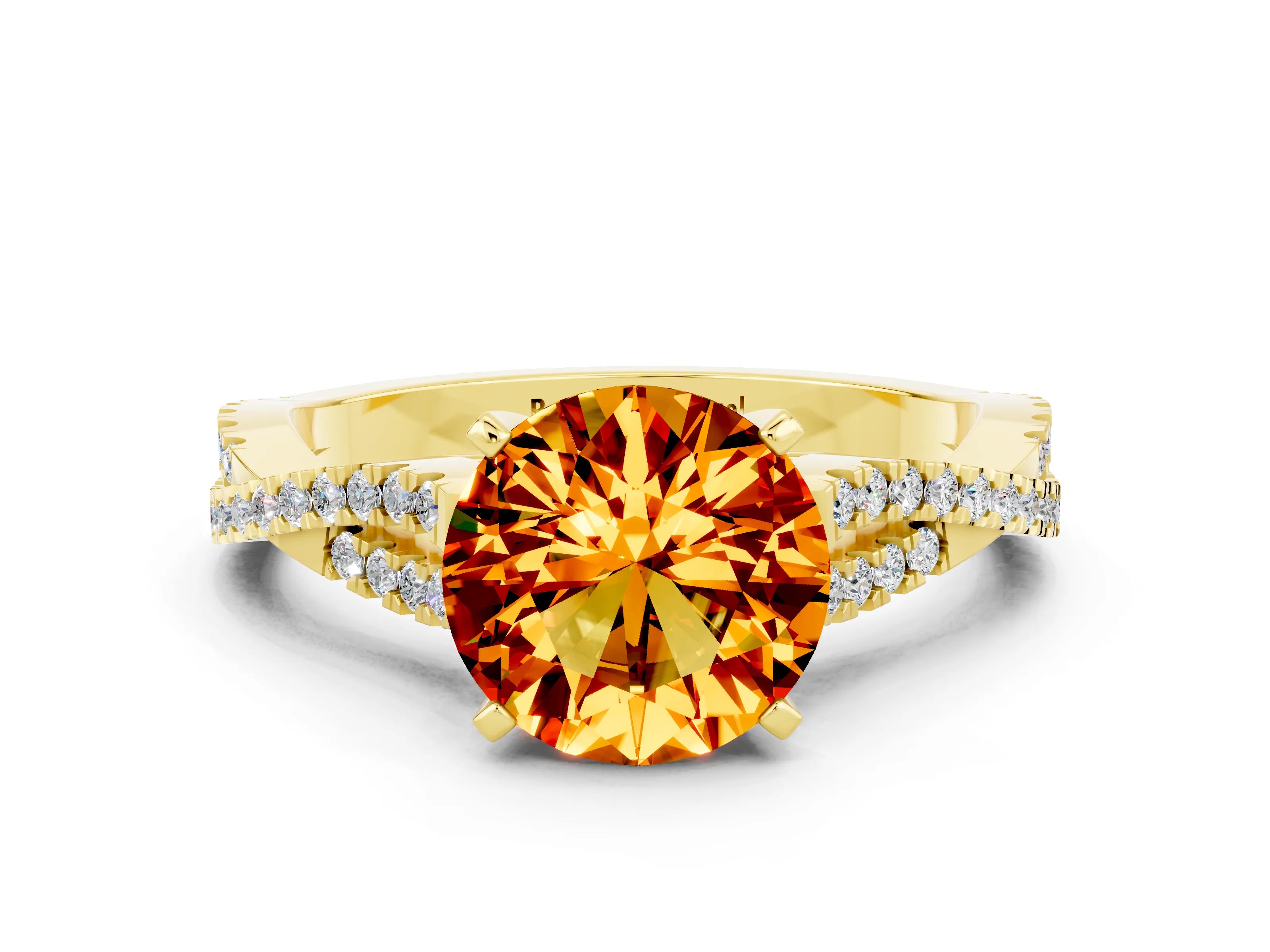 Yellow gold Round Cut Citrine Solitaire Engagement Ring with Twisted Pavé Band and Four-Prong Setting_12