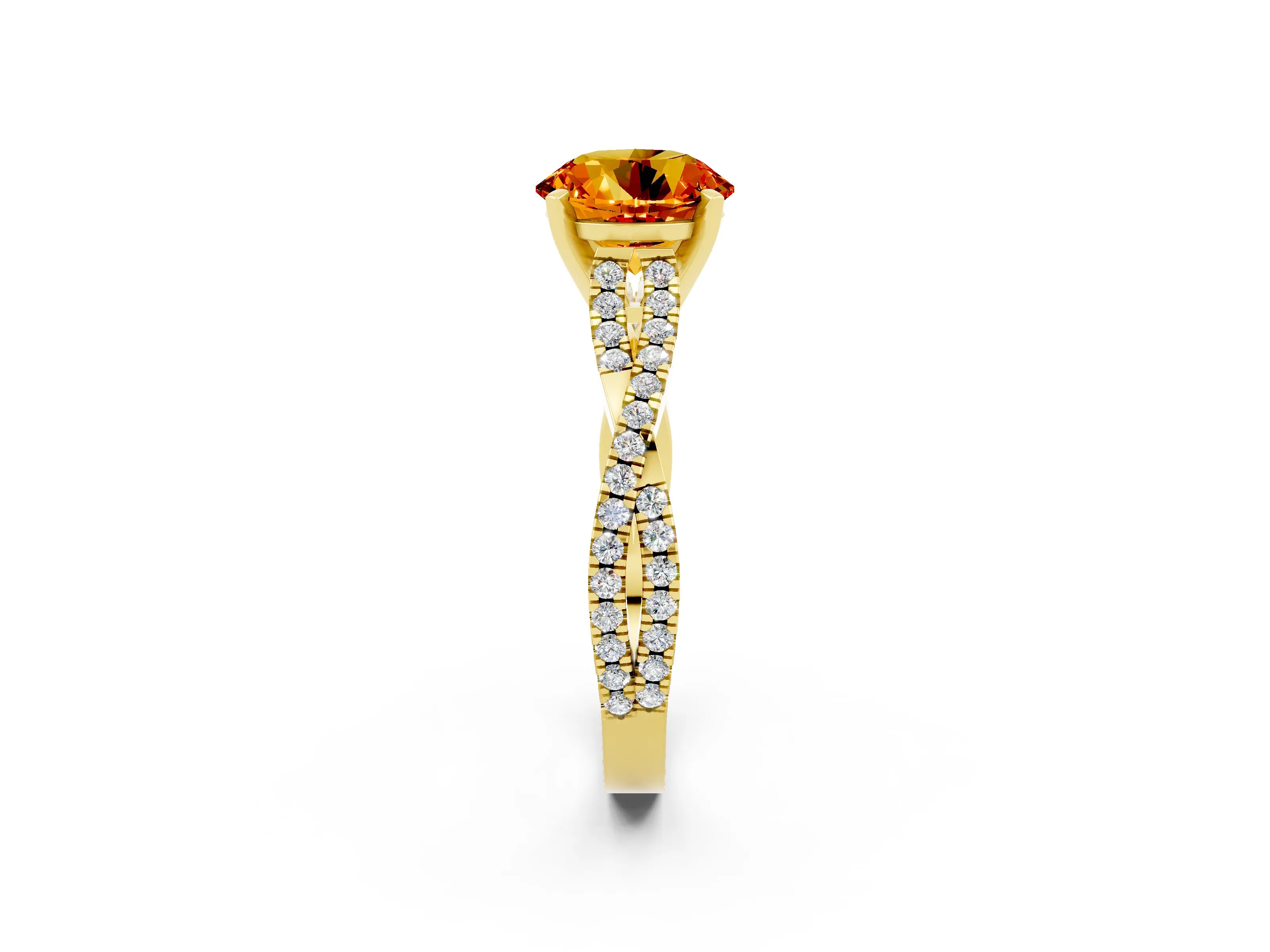 Yellow gold Round Cut Citrine Solitaire Engagement Ring with Twisted Pavé Band and Four-Prong Setting_14