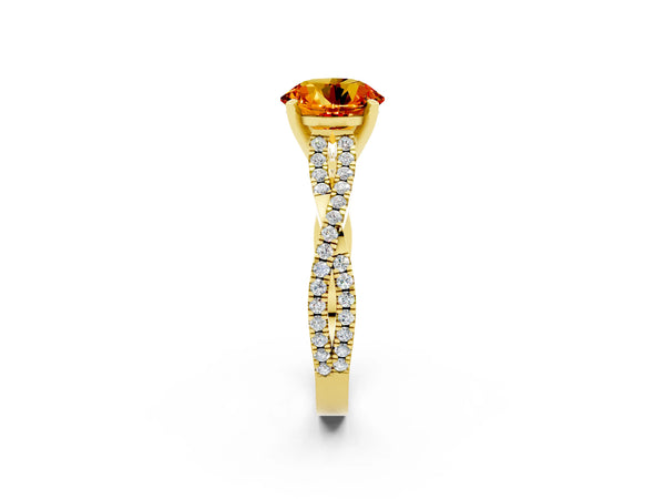 Yellow gold Round Cut Citrine Solitaire Engagement Ring with Twisted Pavé Band and Four-Prong Setting