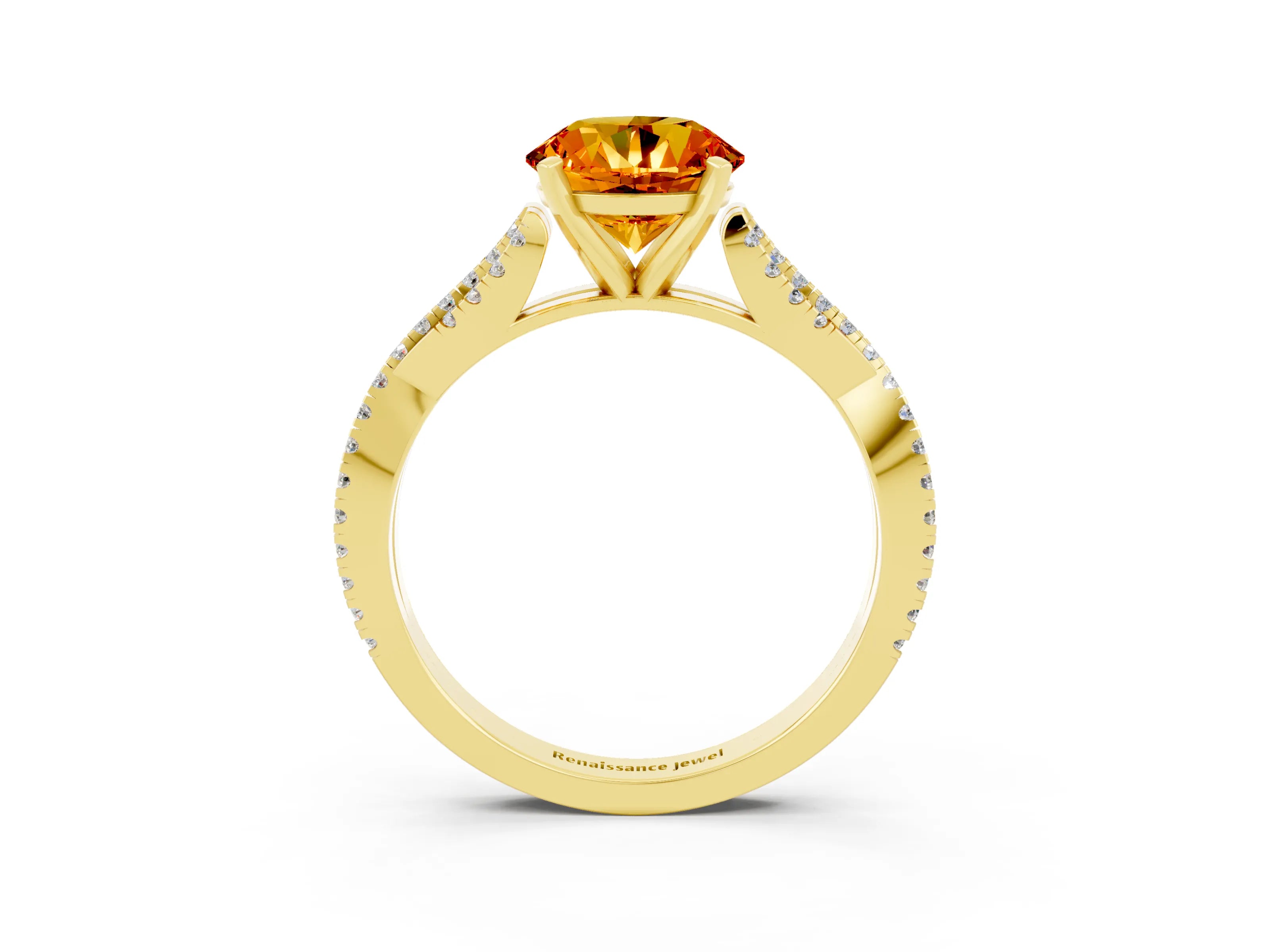 Yellow gold Round Cut Citrine Solitaire Engagement Ring with Twisted Pavé Band and Four-Prong Setting_15