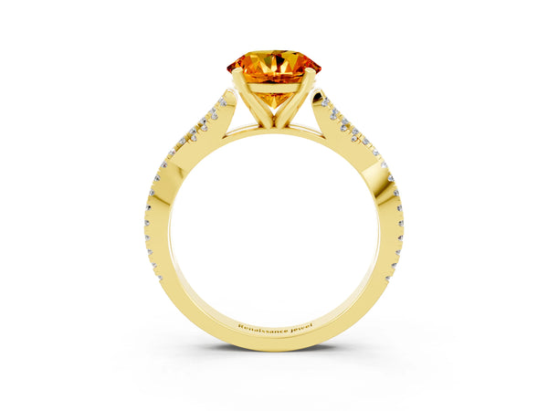 Yellow gold Round Cut Citrine Solitaire Engagement Ring with Twisted Pavé Band and Four-Prong Setting