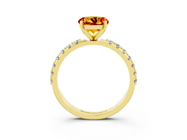 Yellow gold Round Cut Citrine Solitaire Pavé Band with Four-Prong Setting