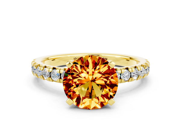 Yellow gold Round Cut Citrine Solitaire Pavé Engagement Ring with Round Band and Prong Setting