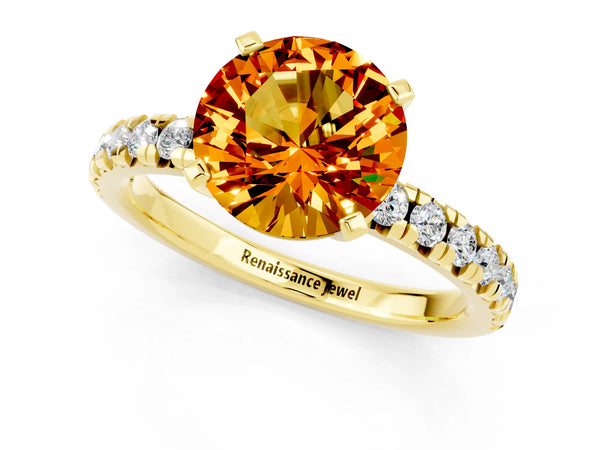 Yellow gold Round Cut Citrine Solitaire Pavé Engagement Ring with Round Band and Prong Setting
