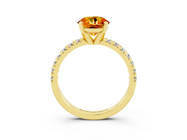 Yellow gold Round Cut Citrine Solitaire Pavé Engagement Ring with Round Band and Prong Setting