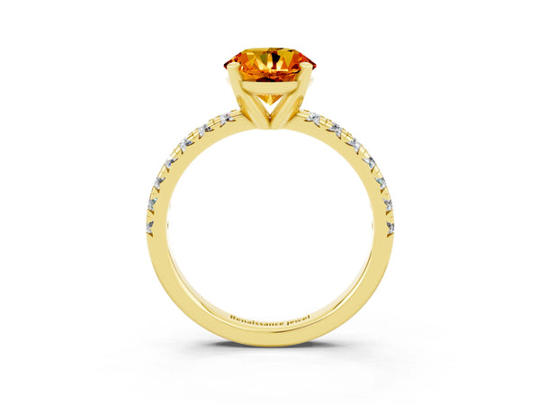Yellow gold Round Cut Citrine Solitaire Pavé Engagement Ring with Round Band and Prong Setting