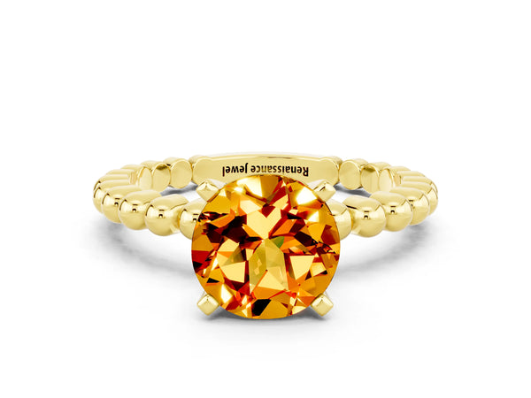 Yellow gold Round Cut Citrine Solitaire Ring with Beaded Band and Prong Setting