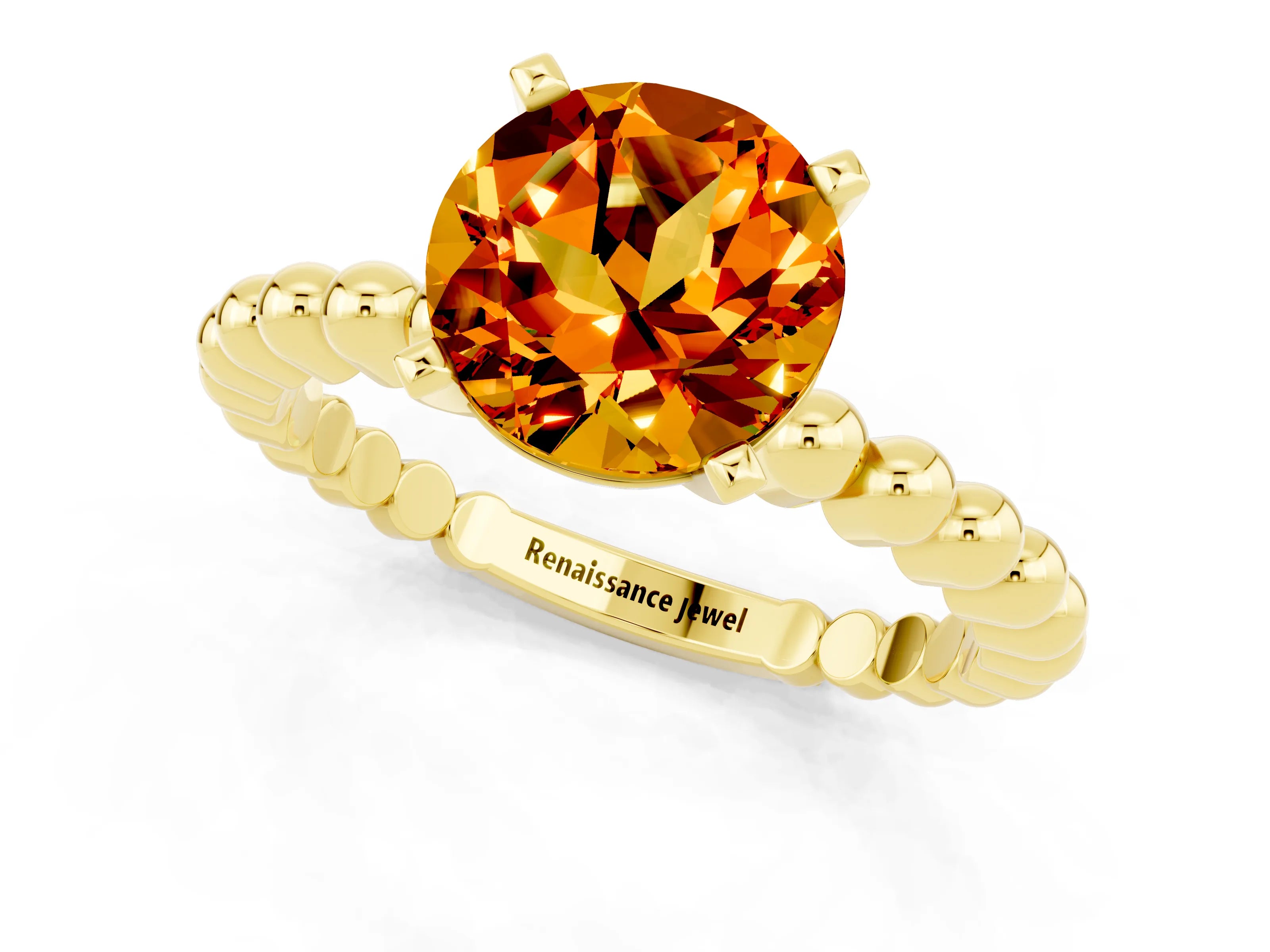 Yellow gold Round Cut Citrine Solitaire Ring with Beaded Band and Prong Setting_1