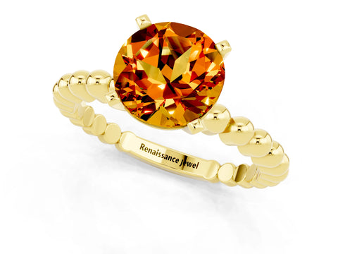 Yellow gold Round Cut Citrine Solitaire Ring with Beaded Band and Prong Setting_1