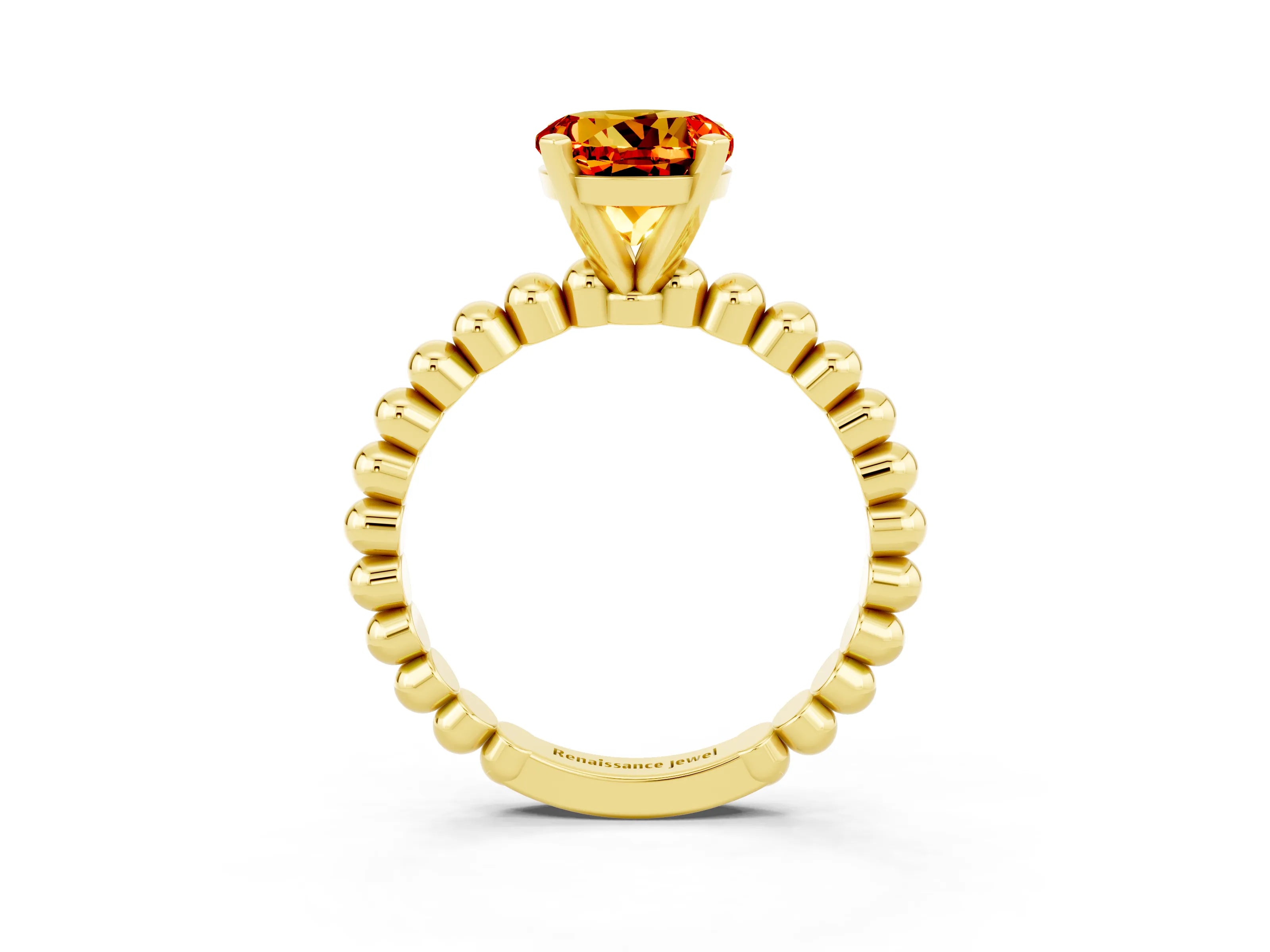 Yellow gold Round Cut Citrine Solitaire Ring with Beaded Band and Prong Setting_3