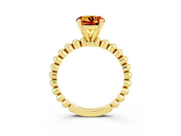 Yellow gold Round Cut Citrine Solitaire Ring with Beaded Band and Prong Setting