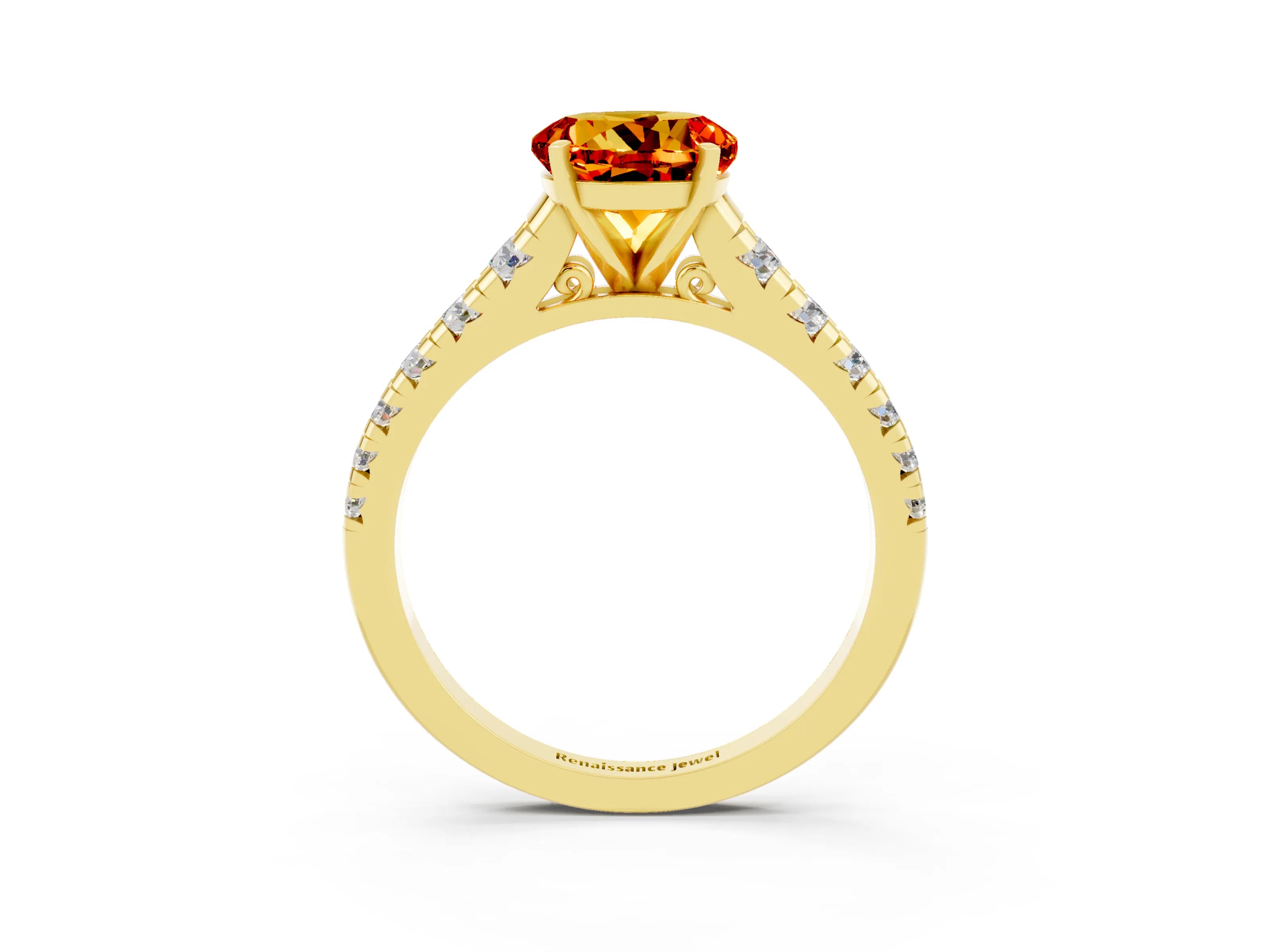 Yellow gold Round Cut Citrine Solitaire Ring with Cathedral Setting and Pavé Band_3