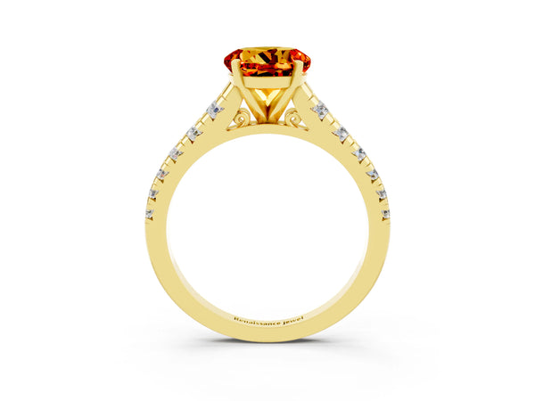 Yellow gold Round Cut Citrine Cathedral Solitaire Ring with Round  Pavé Band