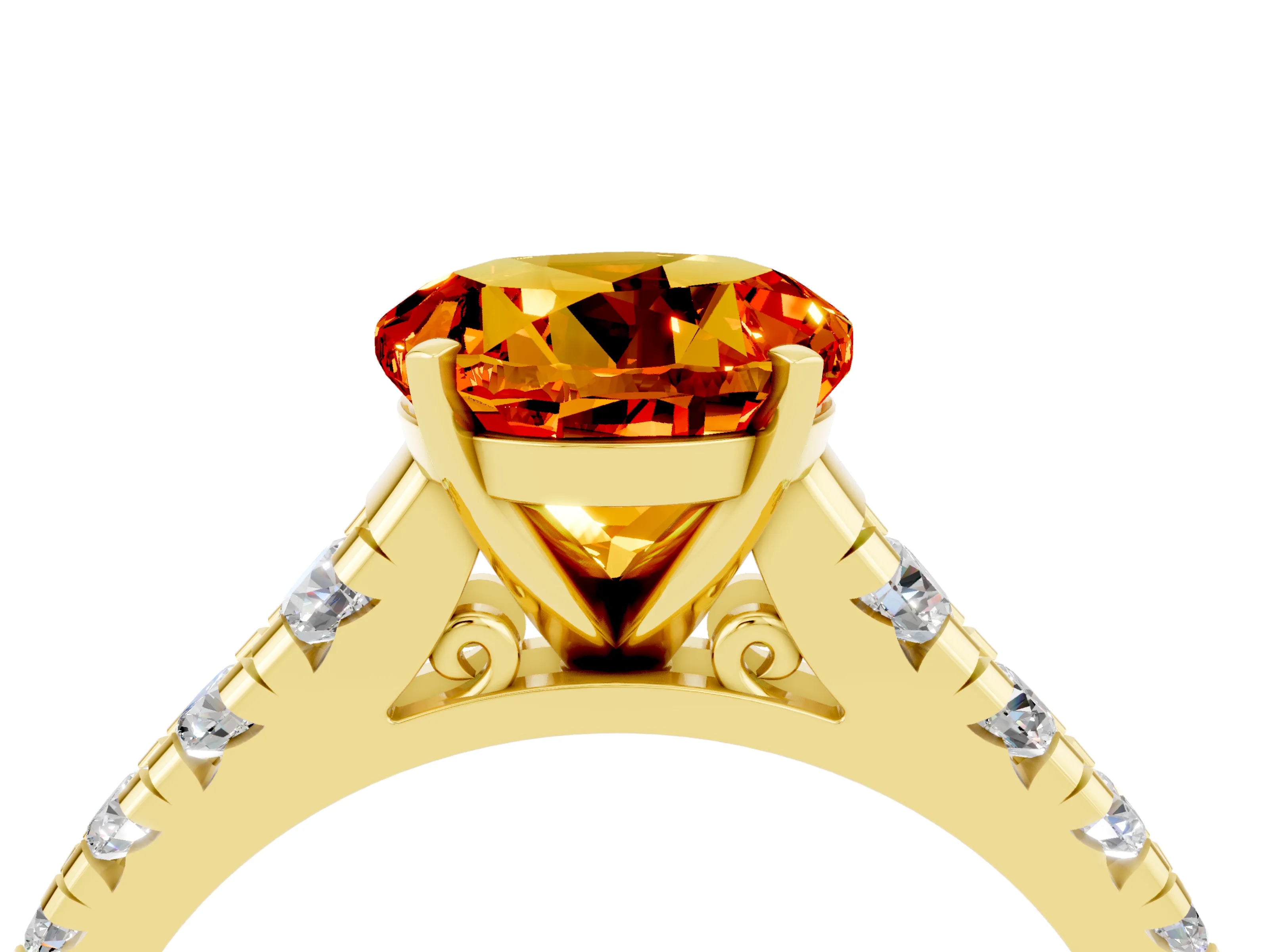Yellow gold Round Cut Citrine Solitaire Ring with Cathedral Setting and Pavé Band_4