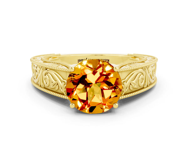 Yellow gold Round Cut Citrine Solitaire Ring with Engraved Band and Four-Prong Setting