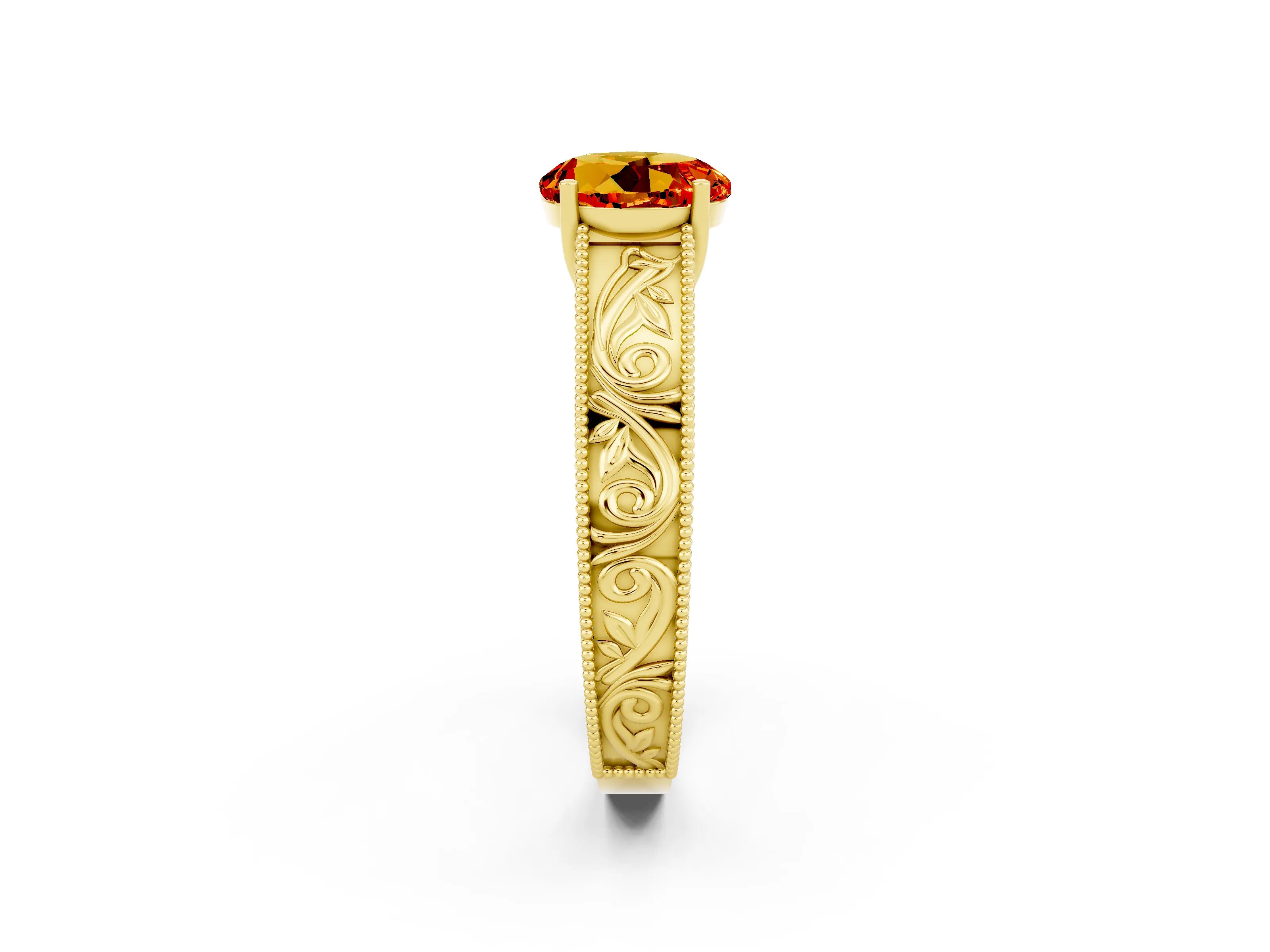 Yellow gold Round Cut Citrine Solitaire Ring with Engraved Band and Four-Prong Setting_2