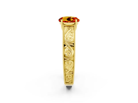 Yellow gold Round Cut Citrine Solitaire Ring with Engraved Band and Four-Prong Setting_2