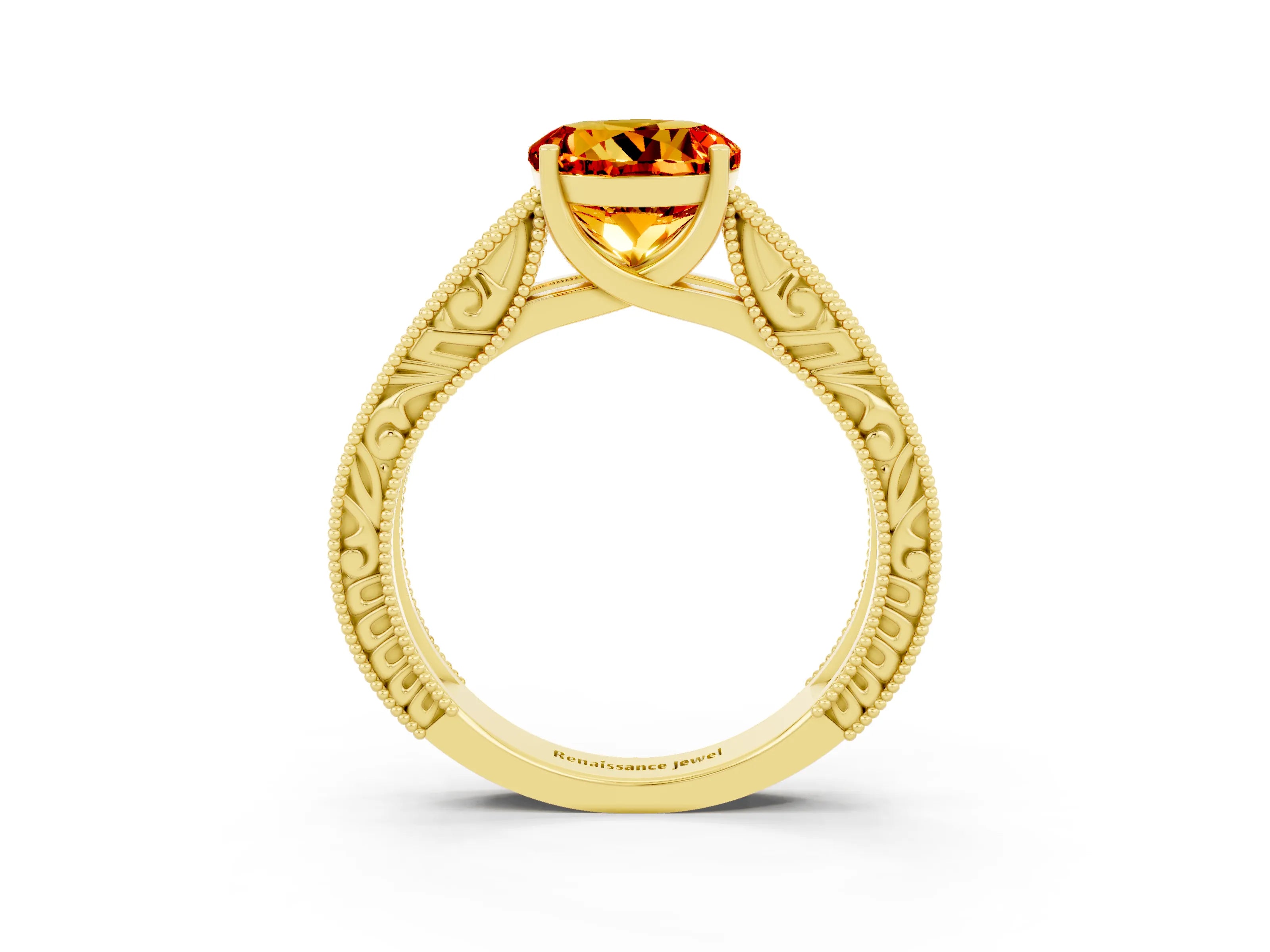 Yellow gold Round Cut Citrine Solitaire Ring with Engraved Band and Four-Prong Setting_3