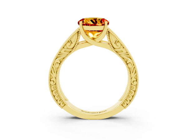 Yellow gold Round Cut Citrine Solitaire Ring with Engraved Band and Four-Prong Setting
