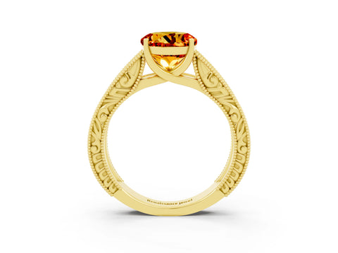 Yellow gold Round Cut Citrine Solitaire Ring with Engraved Band and Four-Prong Setting_3