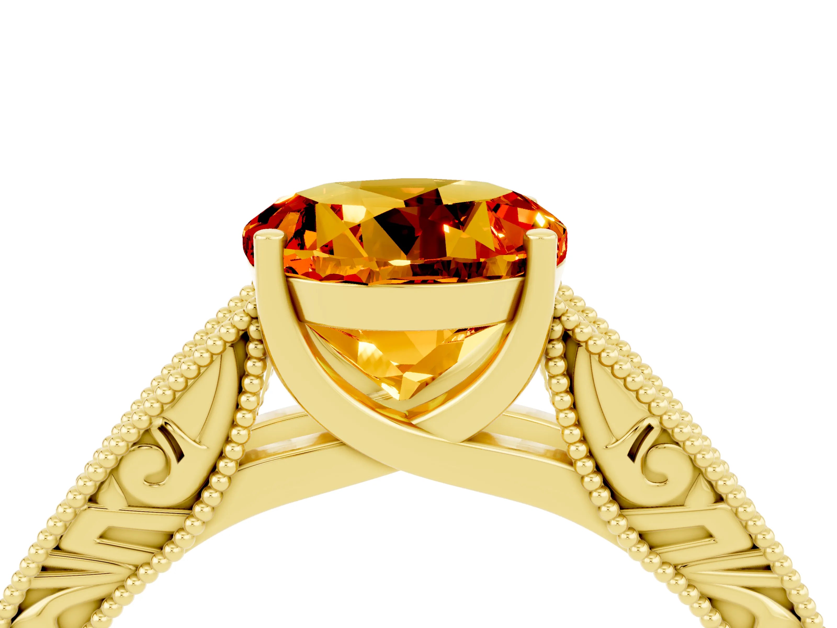 Yellow gold Round Cut Citrine Solitaire Ring with Engraved Band and Four-Prong Setting_4