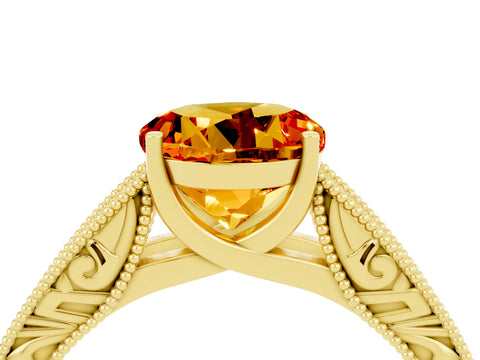 Yellow gold Round Cut Citrine Solitaire Ring with Engraved Band and Four-Prong Setting_4
