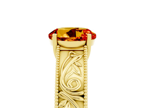 Yellow gold Round Cut Citrine Solitaire Ring with Engraved Band and Four-Prong Setting_5