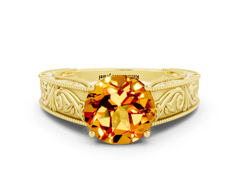 Yellow gold Round Cut Citrine Solitaire Ring with Engraved Band and Four-Prong Setting
