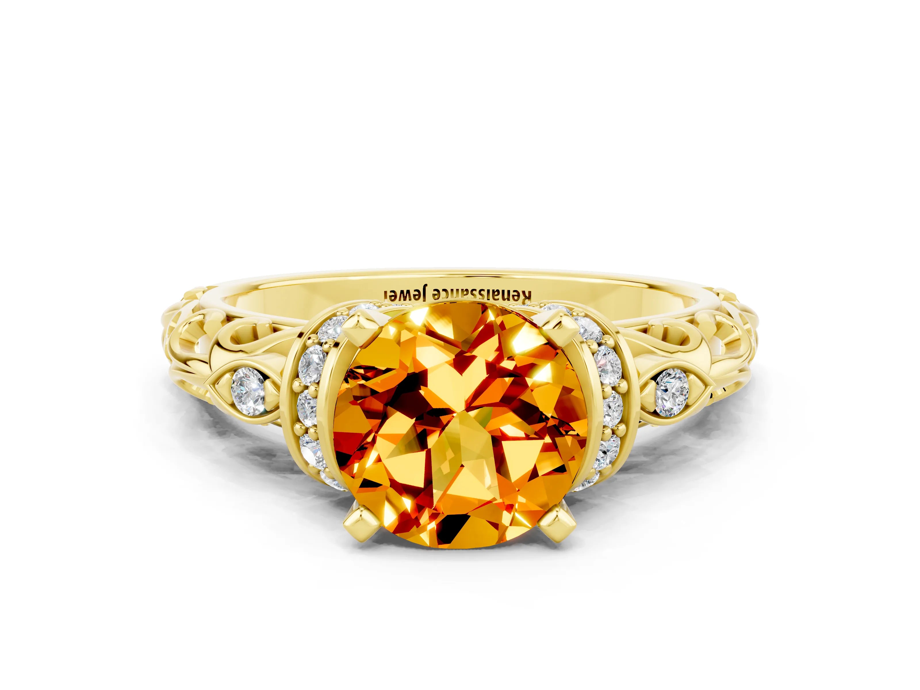 Yellow gold Round Cut Citrine Solitaire Ring with Filigree Band and Four-Prong Setting_24