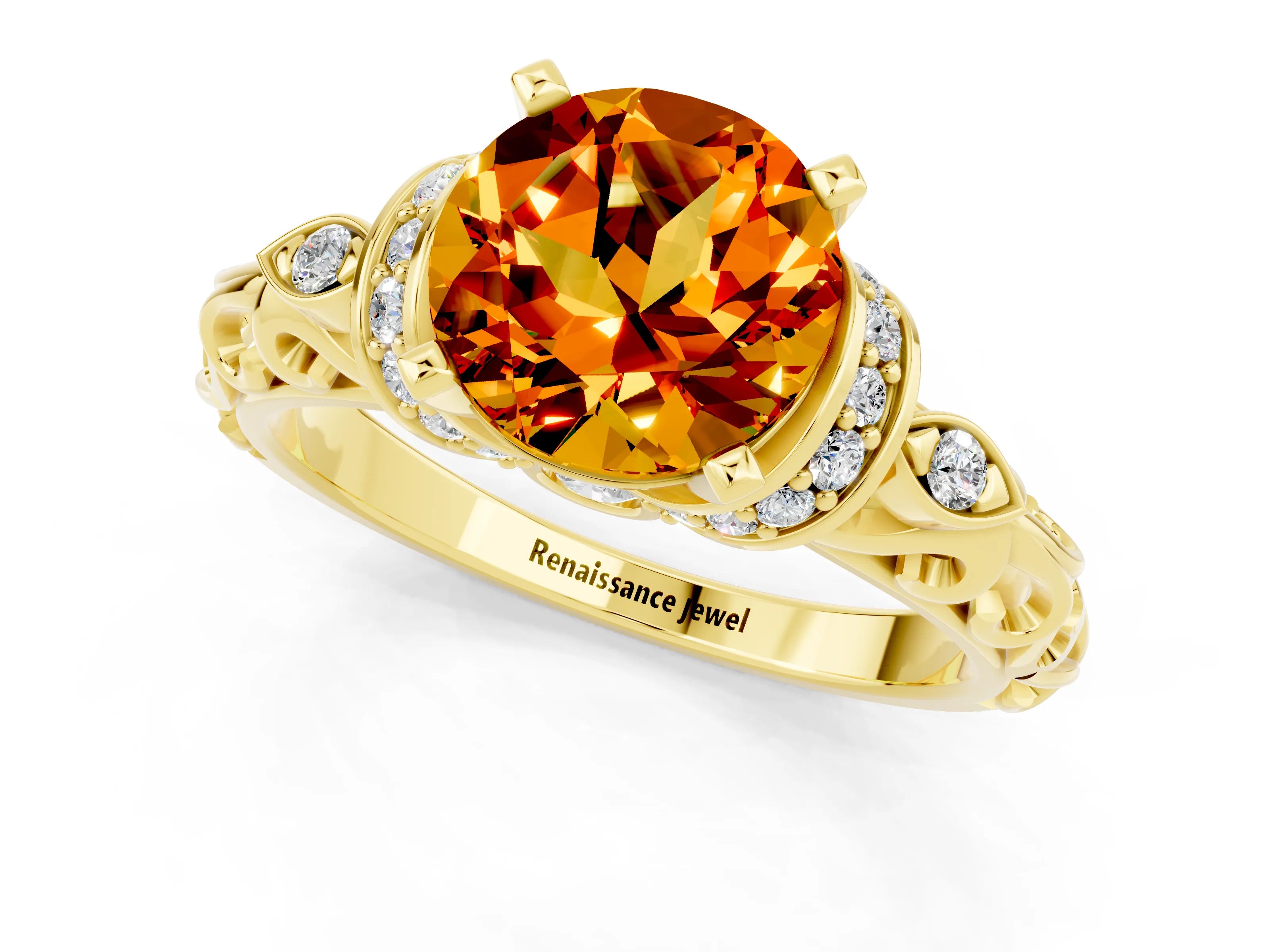 Yellow gold Round Cut Citrine Solitaire Ring with Filigree Band and Four-Prong Setting_25