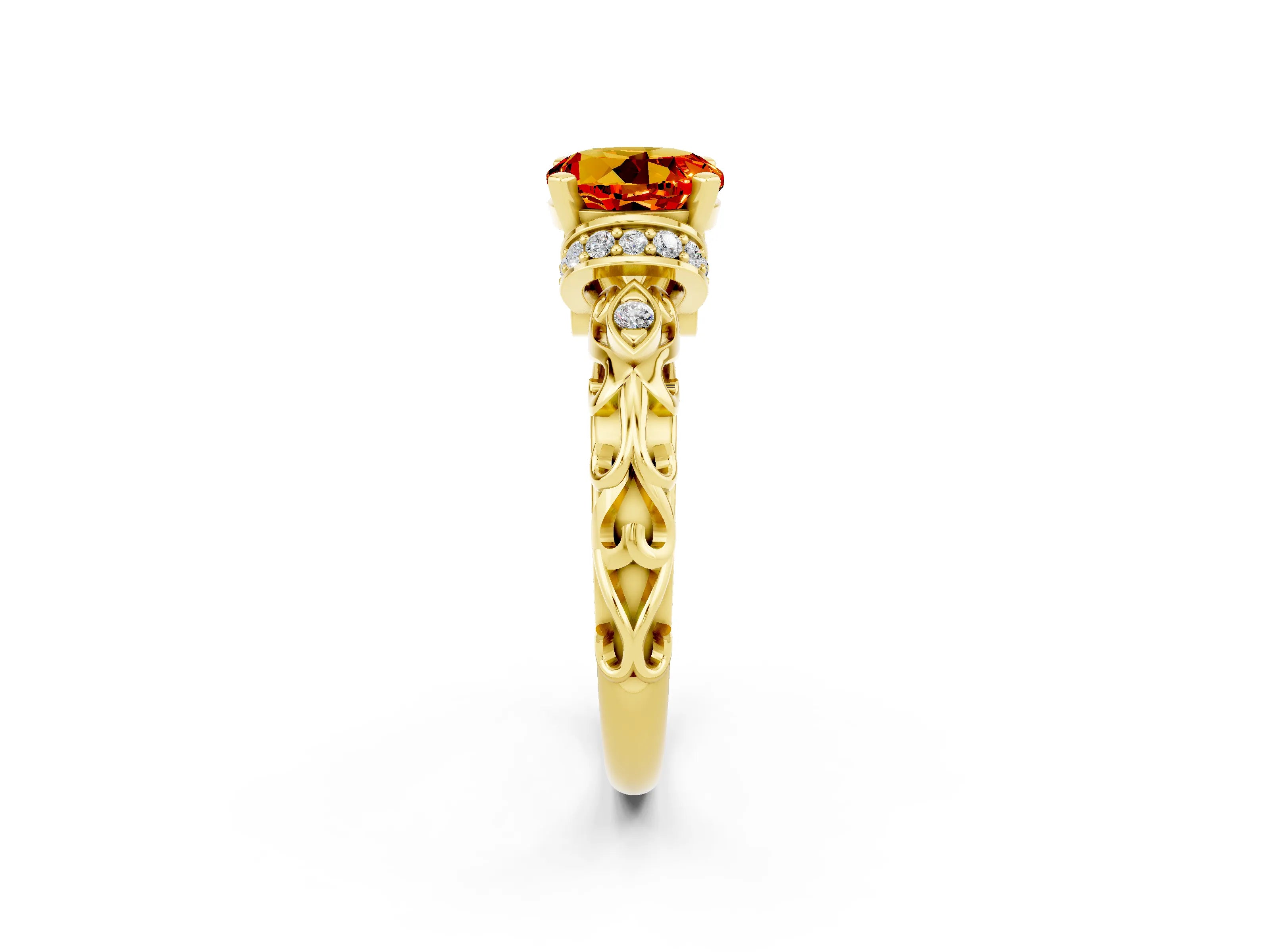 Yellow gold Round Cut Citrine Solitaire Ring with Filigree Band and Four-Prong Setting_26