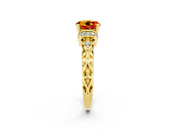 Yellow gold Round Cut Citrine Solitaire Ring with Filigree Band and Four-Prong Setting