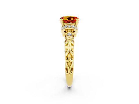 Yellow gold Round Cut Citrine Solitaire Ring with Filigree Band and Four-Prong Setting_26