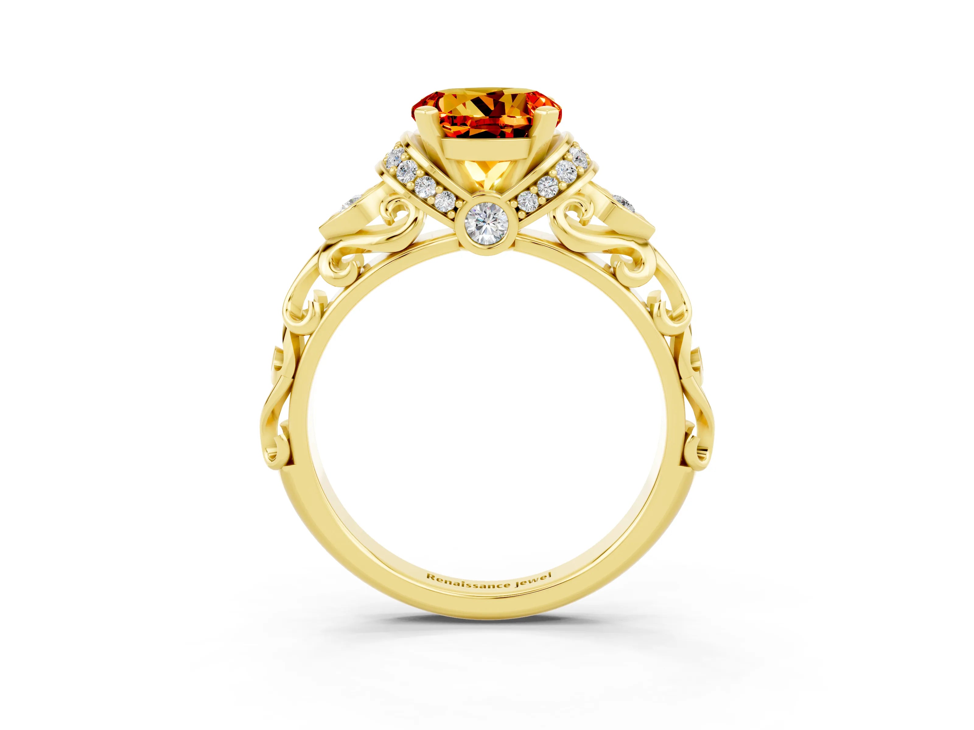Yellow gold Round Cut Citrine Solitaire Ring with Filigree Band and Four-Prong Setting_27