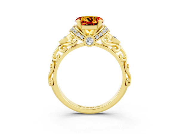 Yellow gold Round Cut Citrine Solitaire Ring with Filigree Band and Four-Prong Setting