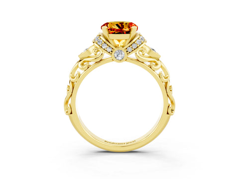 Yellow gold Round Cut Citrine Solitaire Ring with Filigree Band and Four-Prong Setting_27