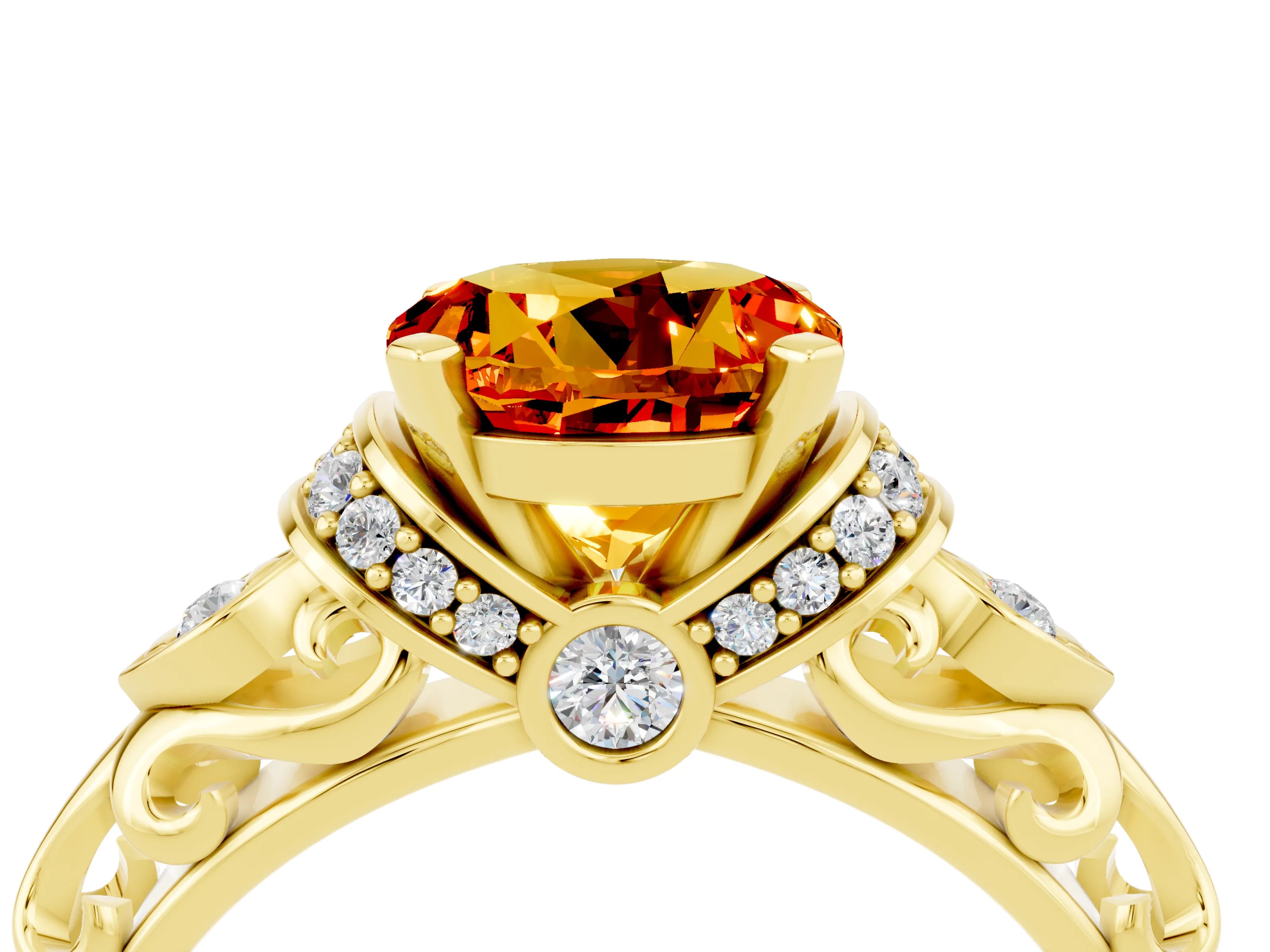 Yellow gold Round Cut Citrine Solitaire Ring with Filigree Band and Four-Prong Setting_28