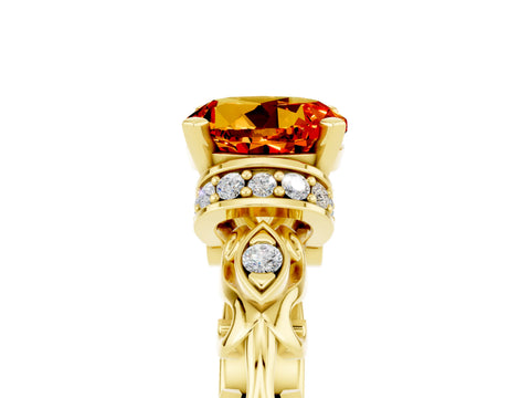 Yellow gold Round Cut Citrine Solitaire Ring with Filigree Band and Four-Prong Setting_29