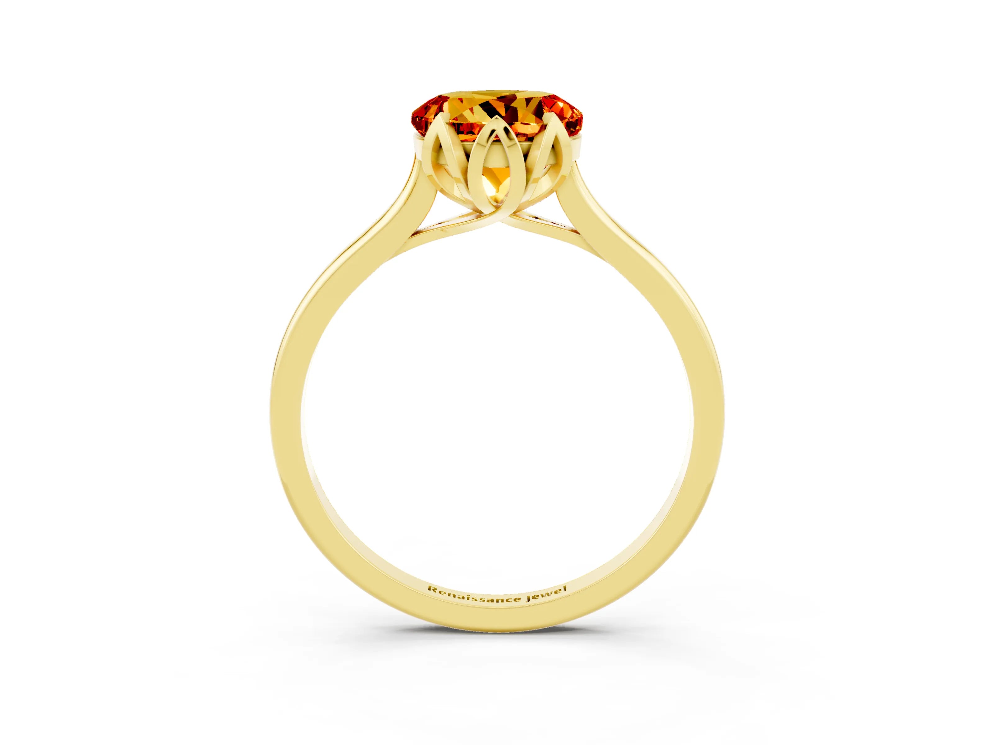 Yellow gold Round Cut Citrine Solitaire Ring with Flower Prong Setting and Classic Band_15