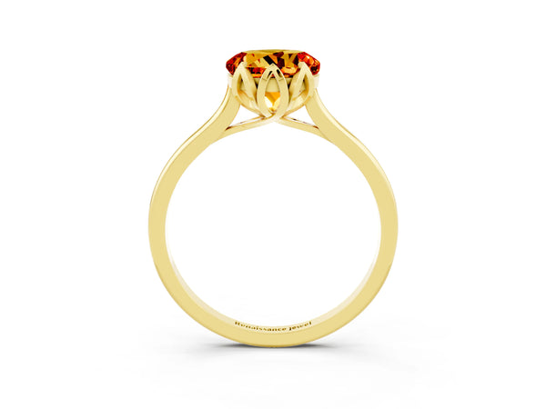 Yellow gold Round Cut Citrine Solitaire Ring with Flower Prong Setting and Classic Band