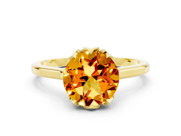Yellow gold Round Cut Citrine Solitaire Ring with Flower Prong Setting and Classic Band