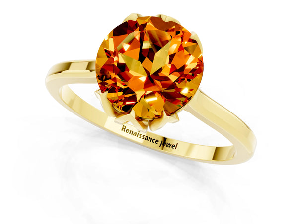 Yellow gold Round Cut Citrine Solitaire Ring with Flower Prong Setting and Classic Band