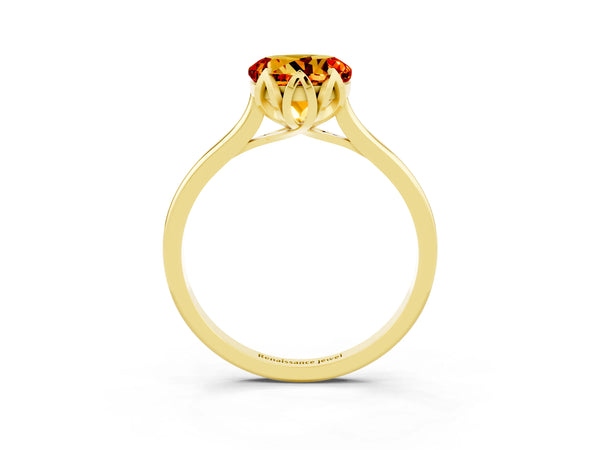Yellow gold Round Cut Citrine Solitaire Ring with Flower Prong Setting and Classic Band