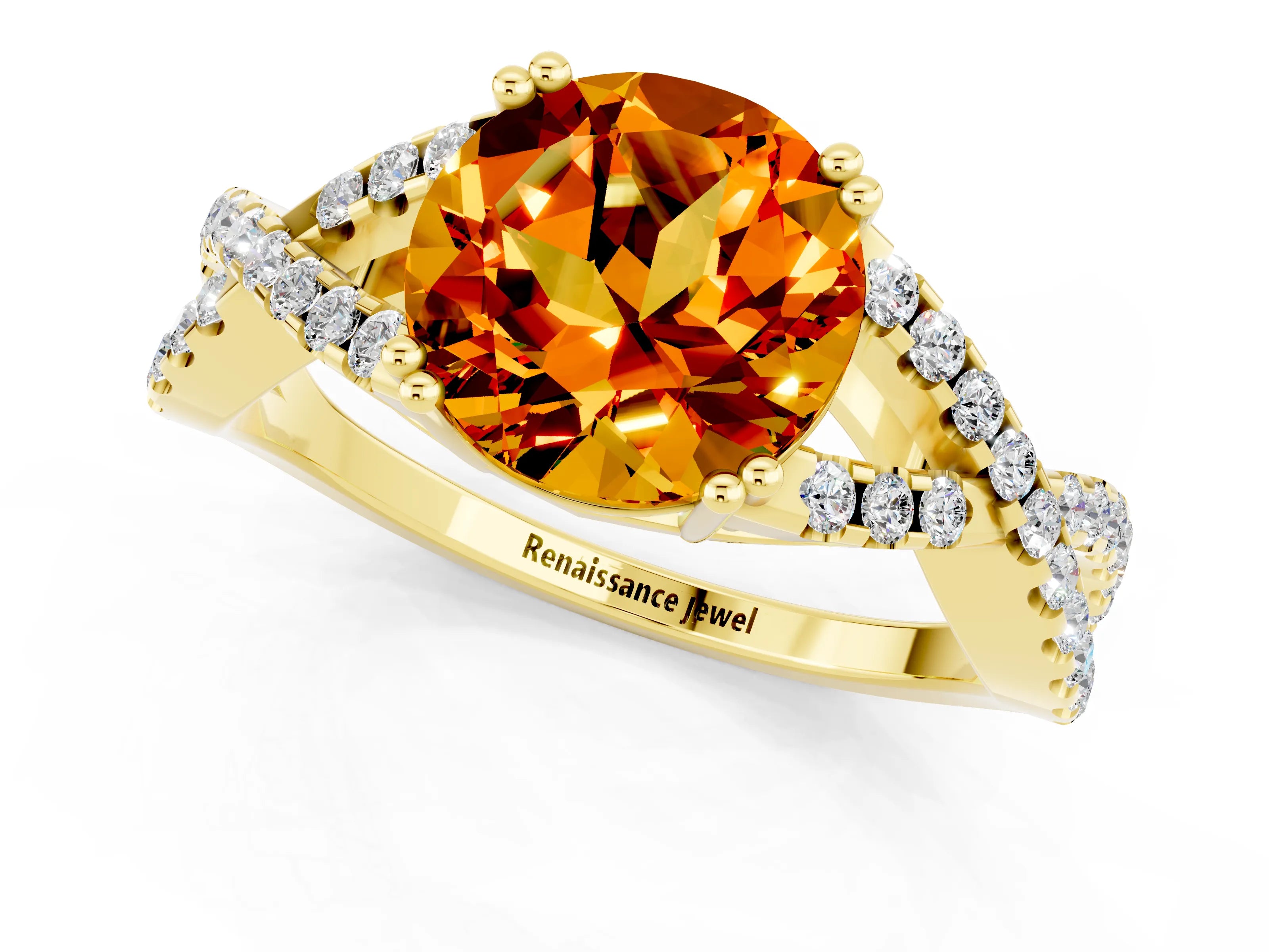 Yellow gold Round Cut Citrine Solitaire Ring with Four-Prong Setting and Twisted Pavé Band_1