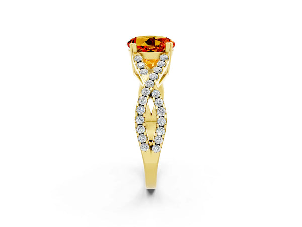Yellow gold Round Cut Citrine Solitaire Ring with Four-Prong Setting and Twisted Pavé Band